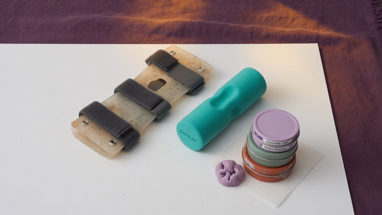 An overhead flat-lay of a hand therapy supply set: a thermoplastic wrist splint, a foam grip trainer, and exercise putty tins on a clean surface.
