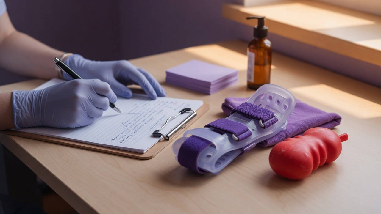 A hand therapist's clean hands writing notes on a clipboard beside a thermoplastic wrist splint and grip trainer on a tidy wooden desk, warm natural light, no faces visible.