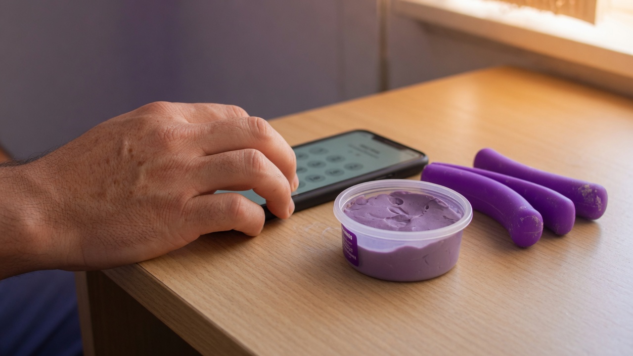 A hand dialing a phone call next to a hand therapy putty and grip strengthener on a clean desk, calm clinical setting, no faces visible.