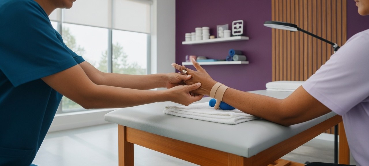 A wide shot of a hand therapist demonstrating a wrist-mobilization exercise to a patient at a treatment table in a bright modern clinic, faces out of frame.
